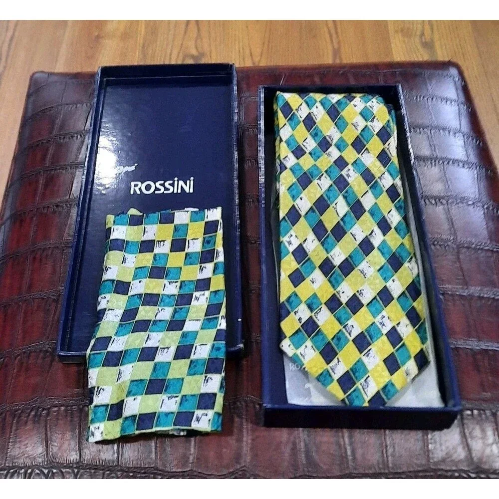 Rossini Silk Tie & Matching Pocket Square Yellow Blue Green White Harlequin XLNT